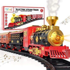 Train Set with Steam Locomotive Engine,Cargo Car and Long Track for Toddlers 3-5